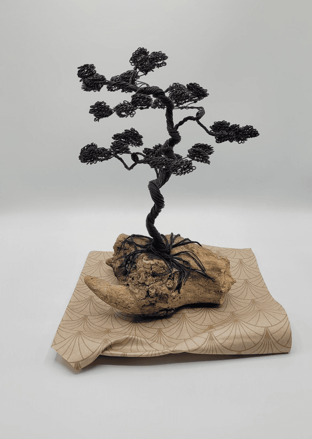 Arbre bonsaï en fil d'aluminium sur bois flotté — création Florifer, artisan à Carquefou